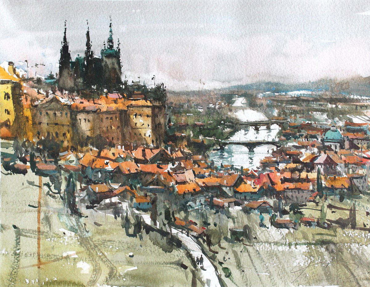 Impressionistic Landscape Watercolour By Maximo Damico, 15 X 11", Prague Castle And Red Roof Tiles, Original Artwork