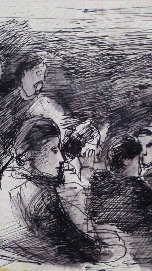 Musical Evening in the Bolognian Osteria, life drawing on paper napkin, 20x15 cm by Frederic Belaubre