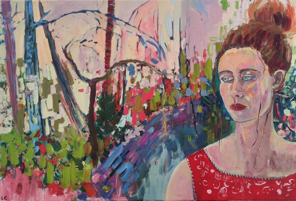 Expressionist woman portrait in the forest 