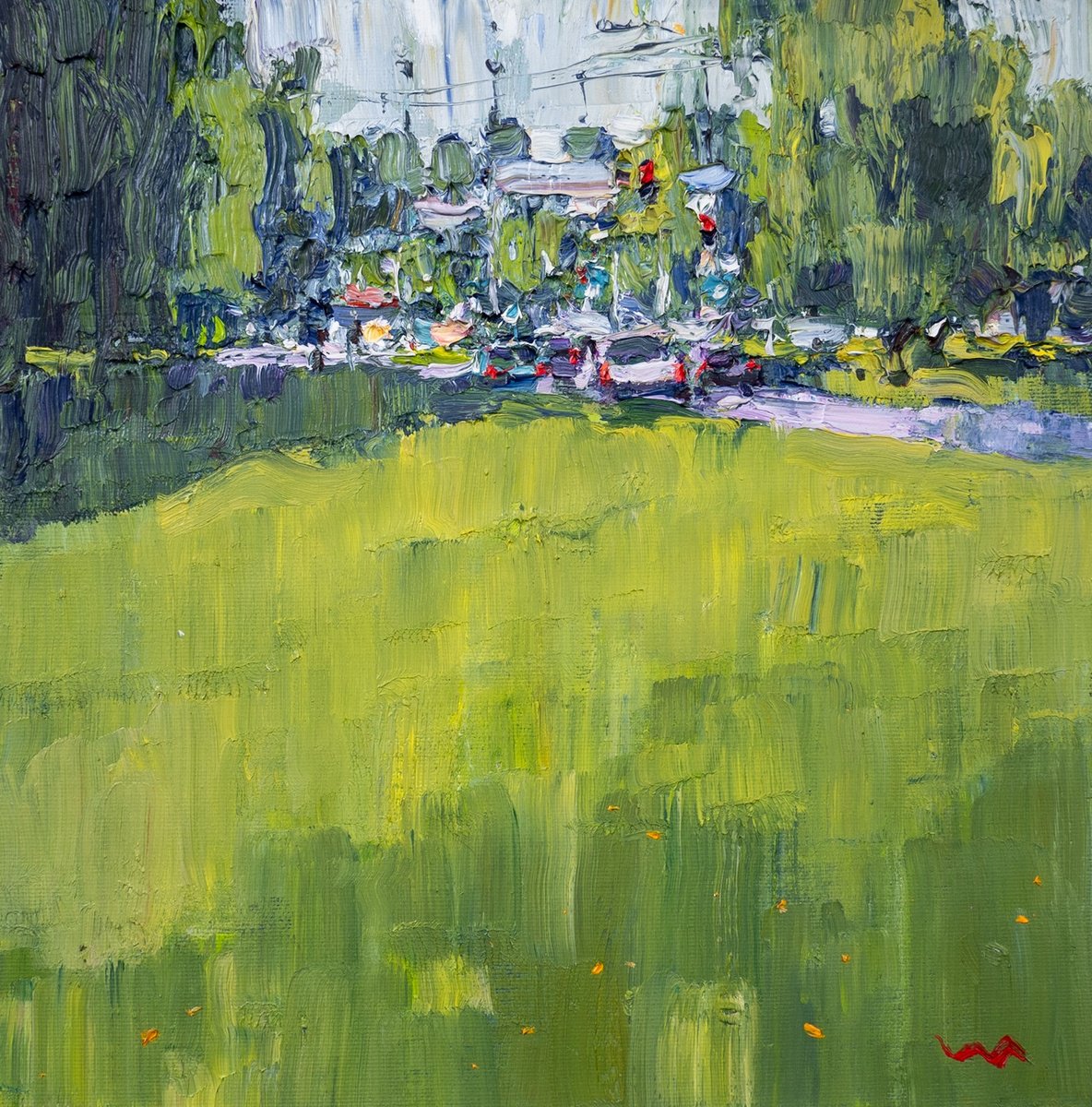 Expressive Cityscapes Oil Painting By Vasyl Moldavchuk, 12 X 12", Red Lights, Original Artwork