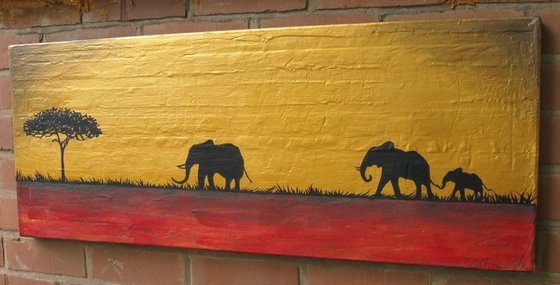 original elephant abstract landscape "elephants of the sudan" africa animal painting art canvas - 120 x 50 cm/ 48 x 20"