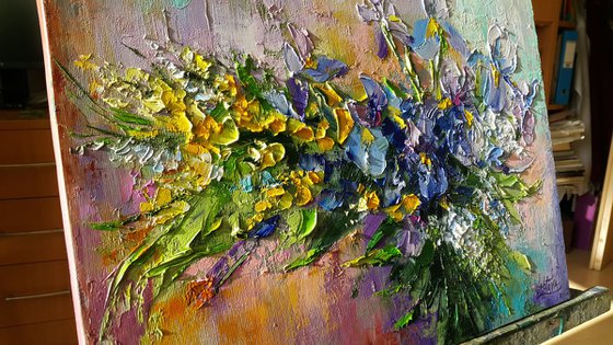 Bouquet with Irises - painting oil impasto art on canvas