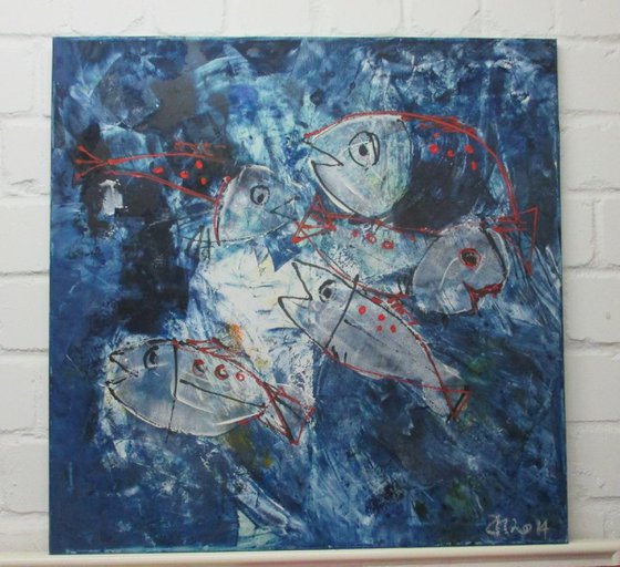 blue Fishes expressive xl painting