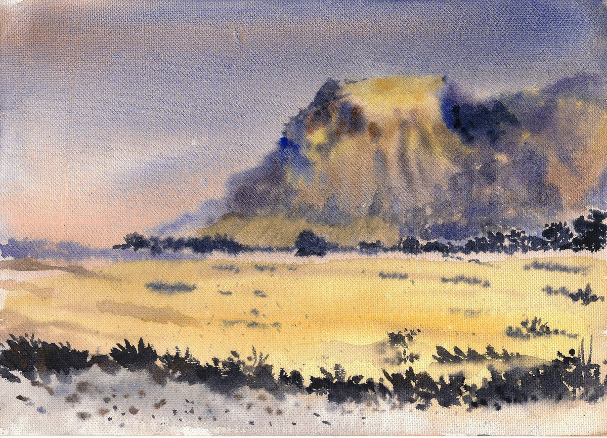 Hills and barren lands Watercolor Indian Landscape 11.4x 8.3 by Asha Shenoy