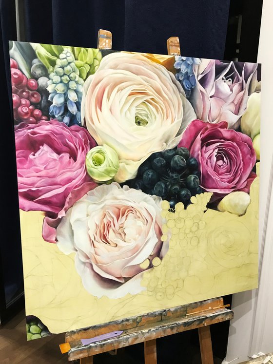 Square oil painting "Love for flowers" 85 * 85 cm by Ivlieva Irina