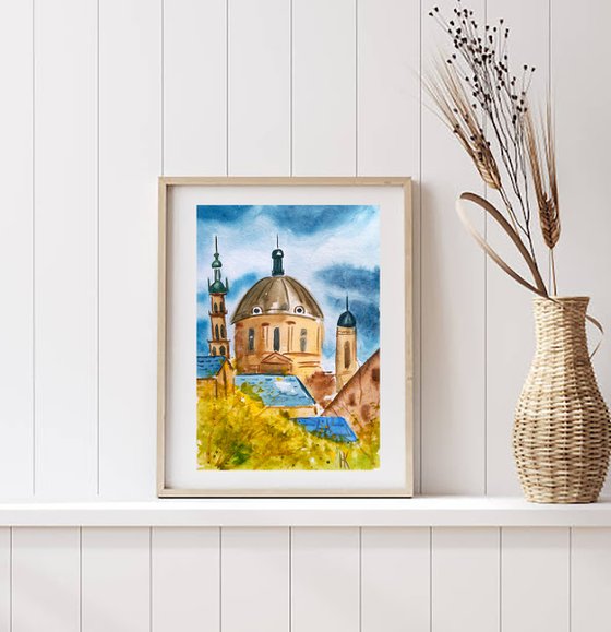 Lviv Painting Cityscape Original Art Ukraine Small Watercolor Artwork Home Wall Art 8 by 12" by Halyna Kirichenko