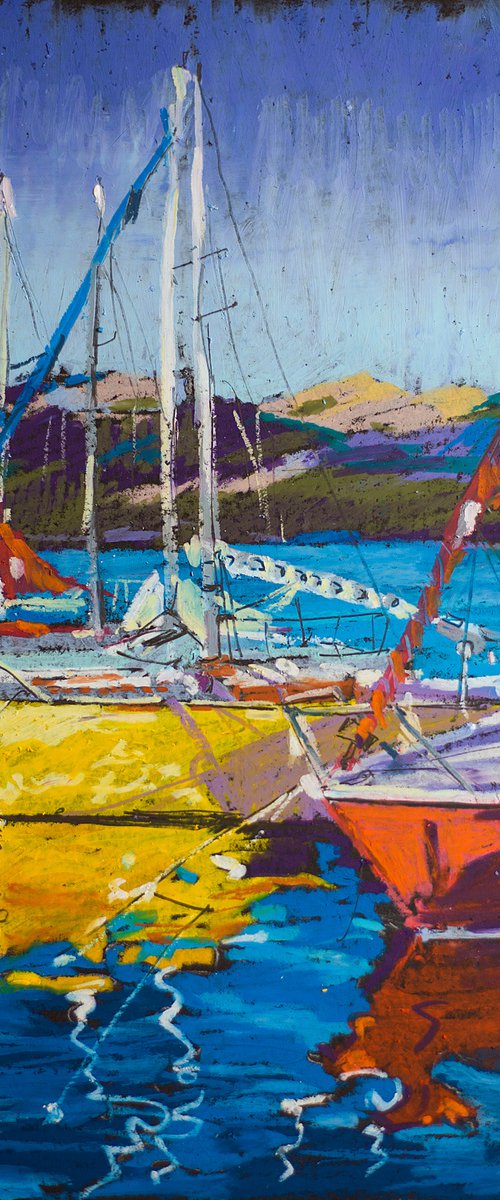 Yellow boat in a harbor. Oil pastel painting. Small painting original yellow red boats sea home decor impressionism nature landscape gift by Sasha Romm