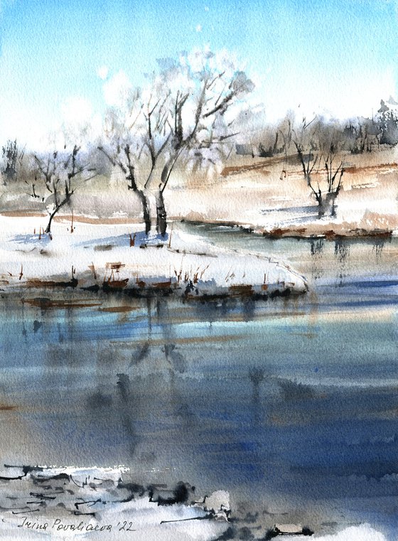 Winter river original watercolour landscape , blue sky forect painting, countryside artwork, gift idea