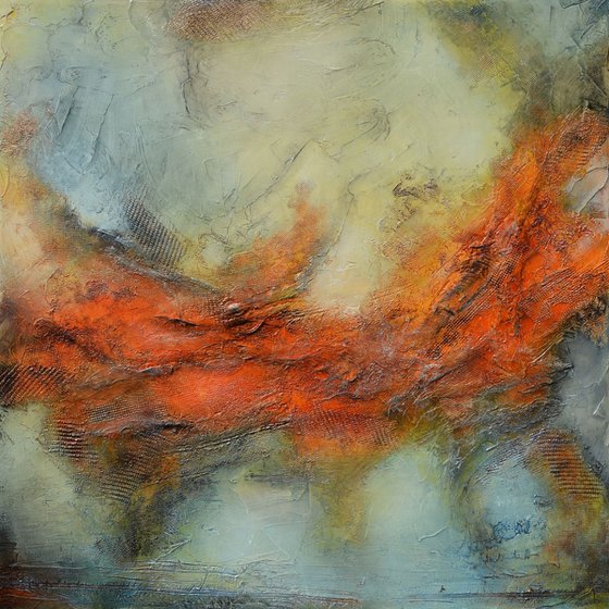 Terra rossa, 40" x 40" x 1.5"  (101 cm x 101 cm x 3.8 cm) - large orange and blue grey abstract landscape