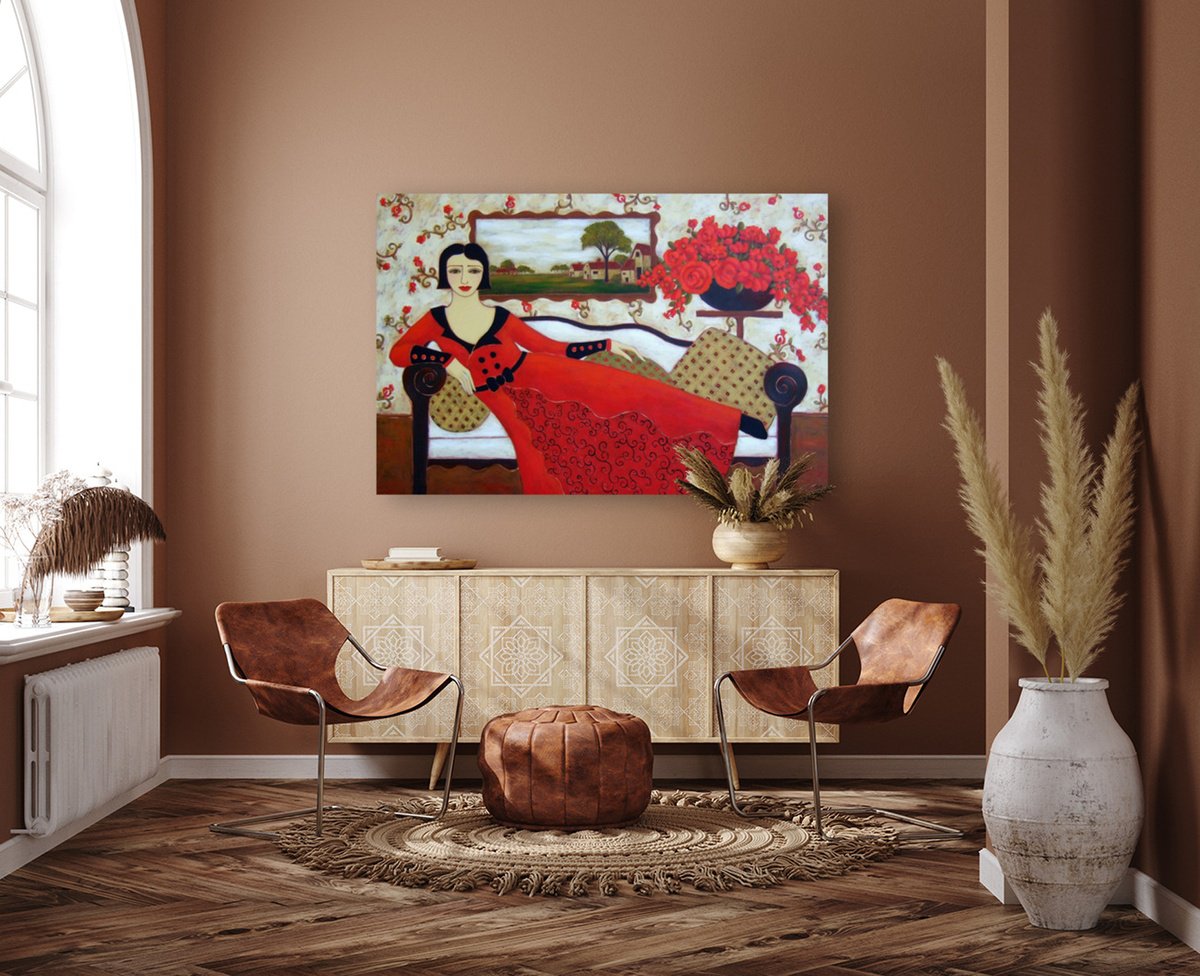 Impressionistic Portrait Acrylic Painting By Karen Rieger, 60 X 40", Reclining Woman With Red Gown, Original Artwork