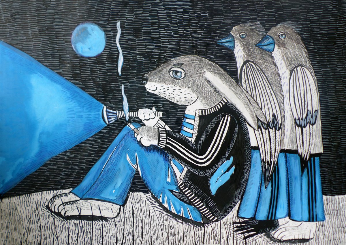 Surrealistic Animal Drawing By Elizabeth Vlasova, 28 X 20, Night Watch, Original Artwork