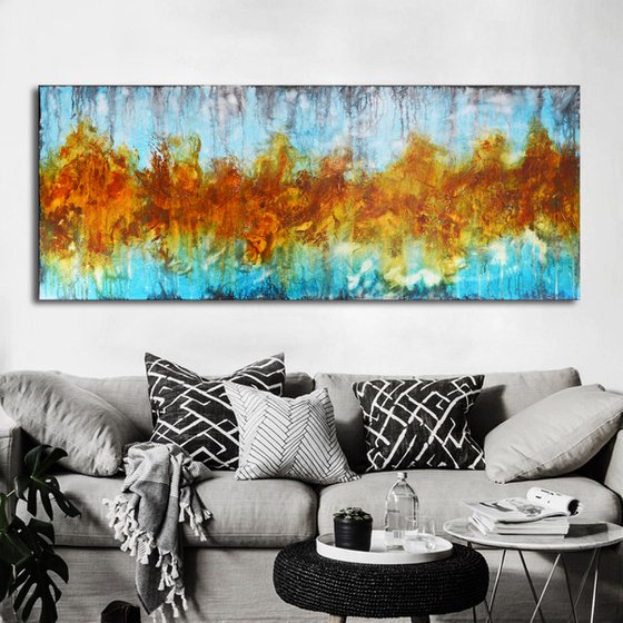 Shadows IV - Long modern painting on canvas, abstract art, orange aqua blue painting