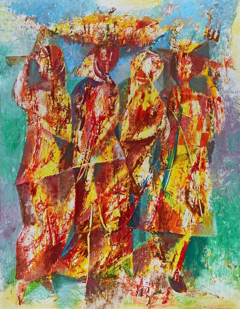 Abstract Portrait Oil Painting By Seyran Gasparian, 14 X 18", Women Gathering Grass, Original Artwork