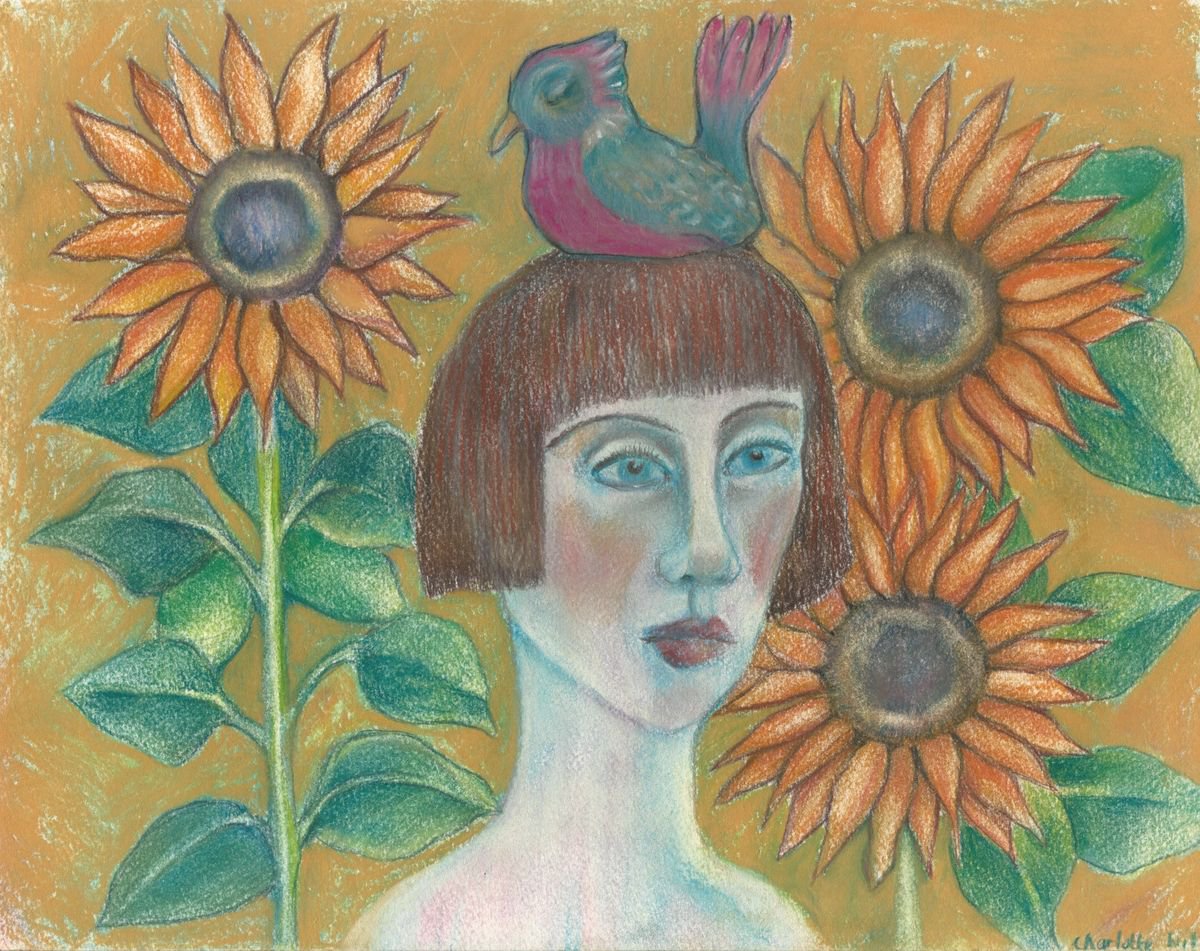 Bird head in the Sunflowers Pastel on Paper by Charlotte Williams
