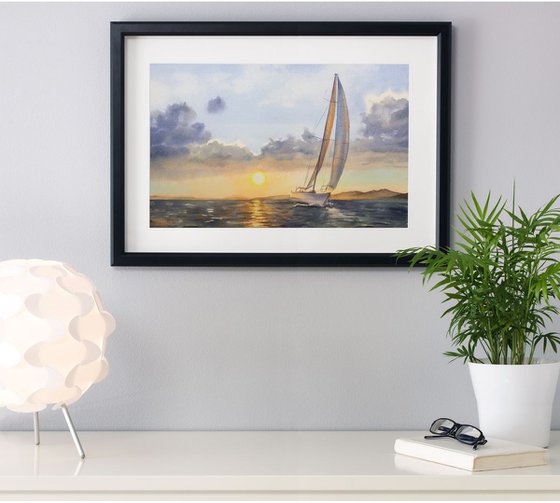 Sailboat - Yacht Art  - seascape - sea and sky - yacht -  sunset