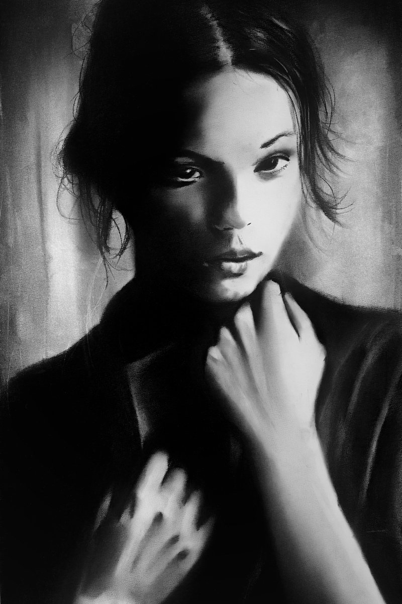 Illustrative Portrait Charcoal Drawing By Denny Stoekenbroek, 13 X 20, Half Of Me In Shadow, Original Artwork