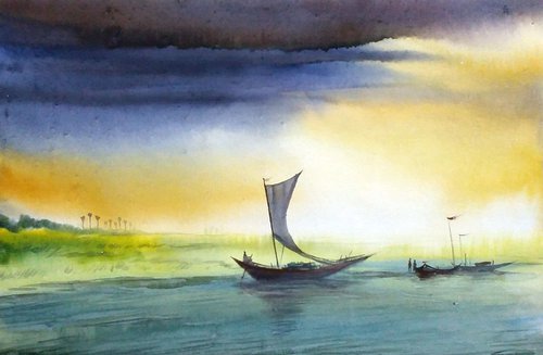 Rural Monsoon River & Boats by Samiran Sarkar