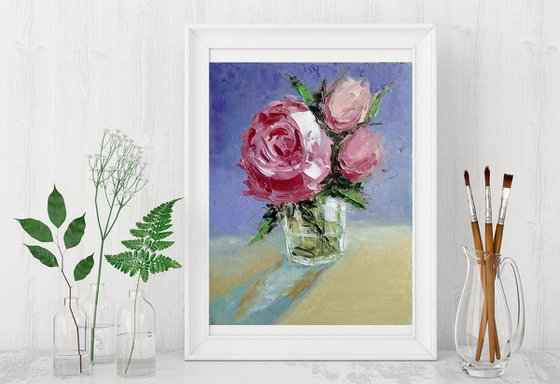 Pink Roses Painting Original Art Floral Bouquet Flower Artwork Small Wall Art