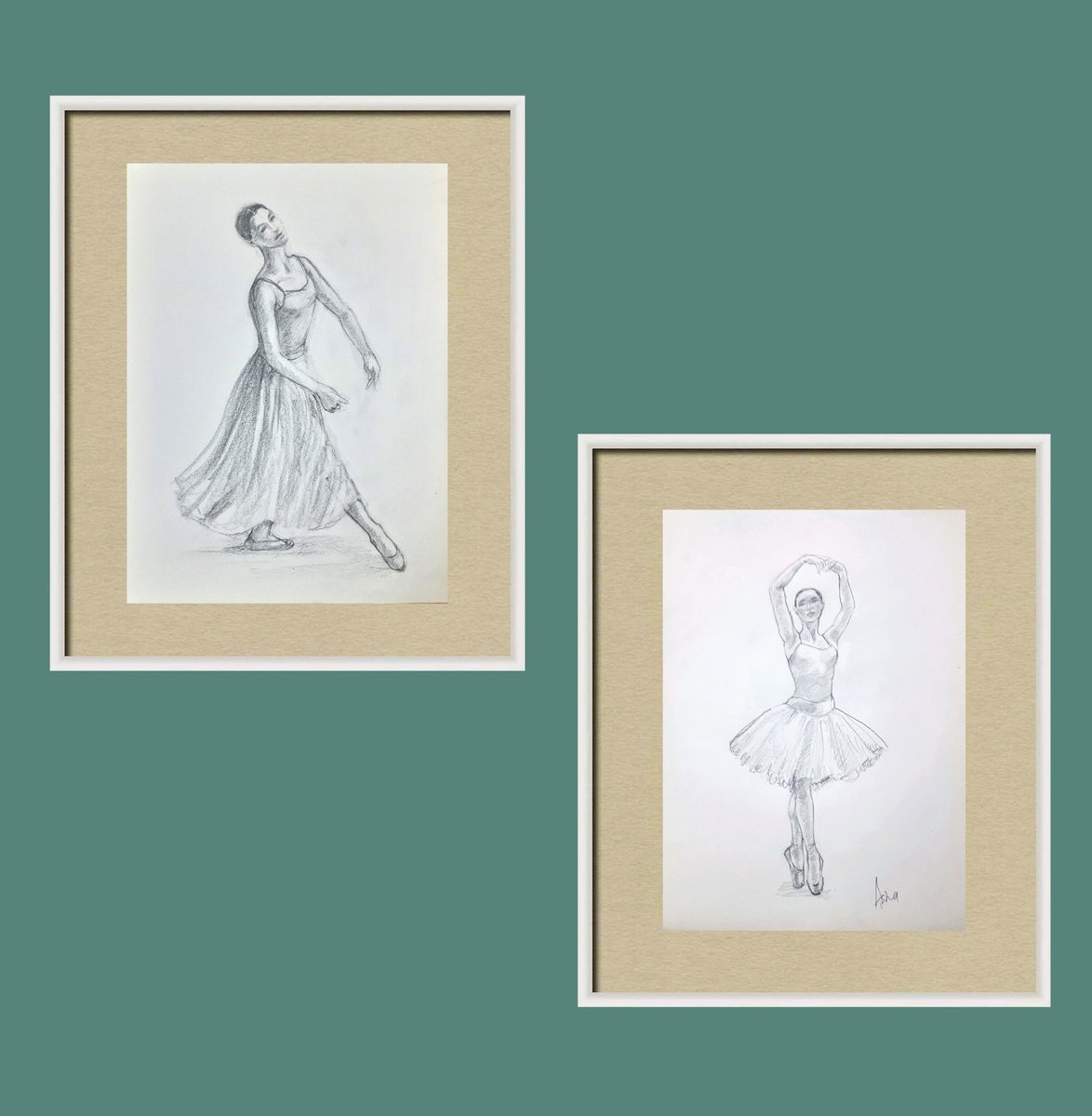 Illustrative Portrait Pencil Drawing By Asha Shenoy, 8 X 11, Set Of Rehearsing Ballerinas 8 And 11, Original Artwork