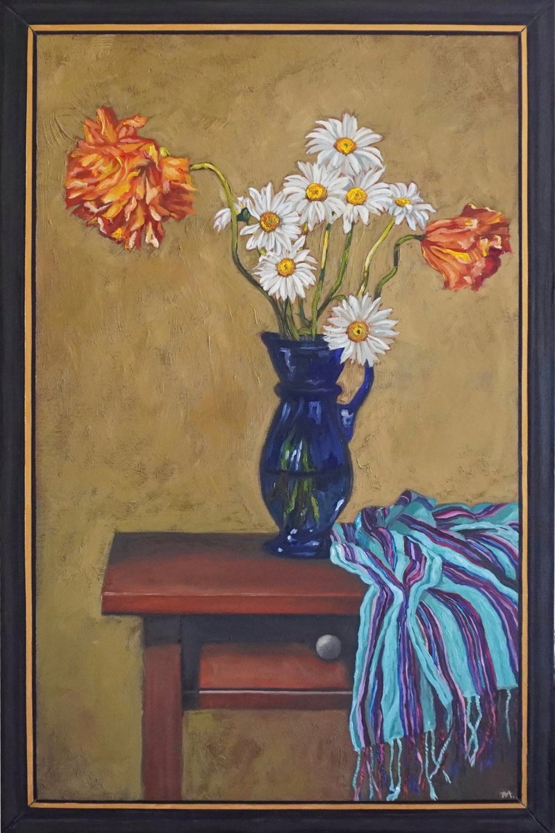 Photorealistic Botanical Oil Painting By Eva Chen, 20 X 30, Whispers In The Vase, Original Artwork