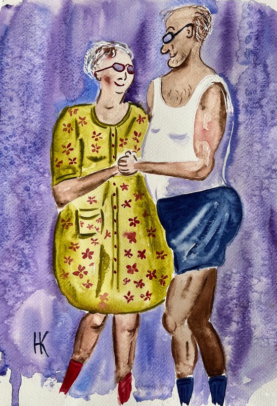 Couple Painting Dance Original Art Dancing Watercolor Artwork People Home Wall Art 10 by 14" by Halyna Kirichenko