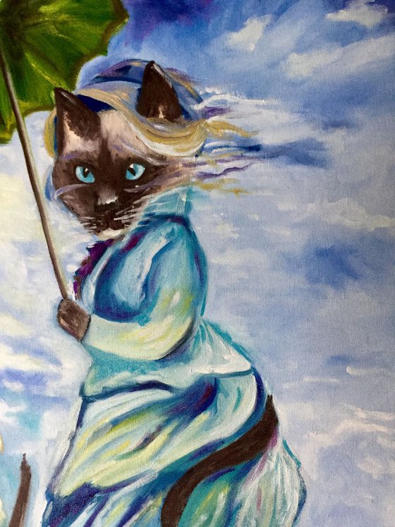 Siamise cats with umbrella. Inspired by Claude Monet. Feline version.