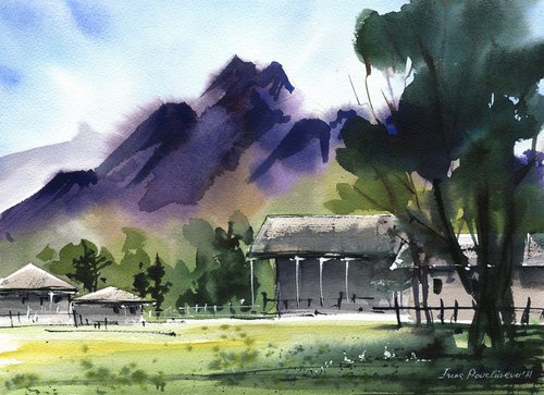 Fafmhouse  near mountains original watercolor painting , blue sky landscape , impressionistic  artwork , gift idea by Irina Povaliaeva