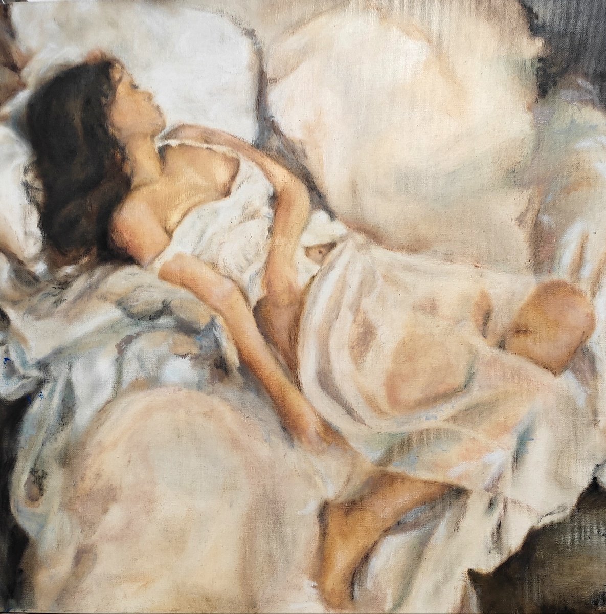 Impressionistic Portrait Oil Painting By Yuliia Kyrsanova, 20 X 20", Tranquil Sleep, Original Artwork