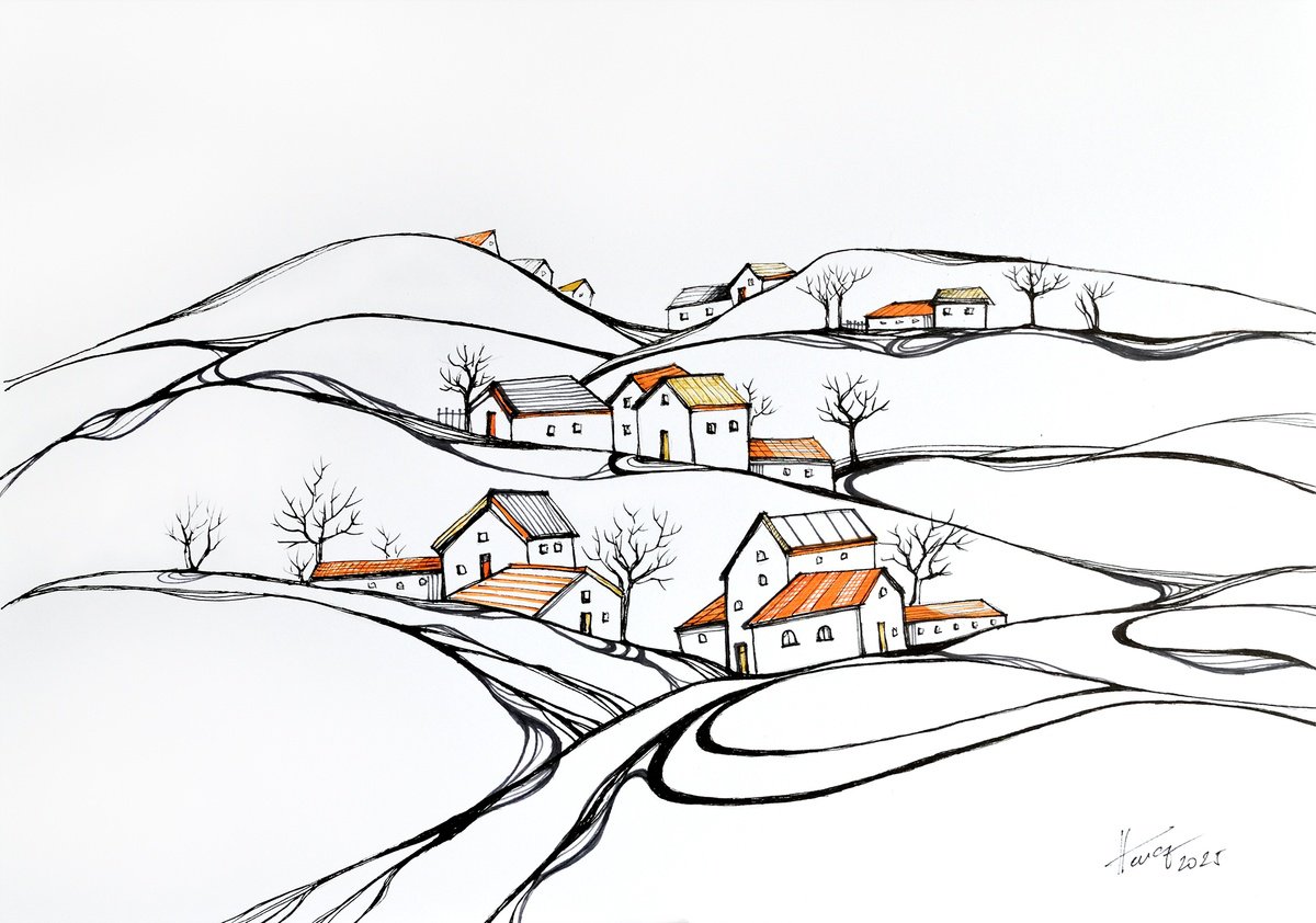 Abstract Landscape Ink Drawing By Aniko Hencz, 11 X 8, Houses In The Valley, Original Artwork