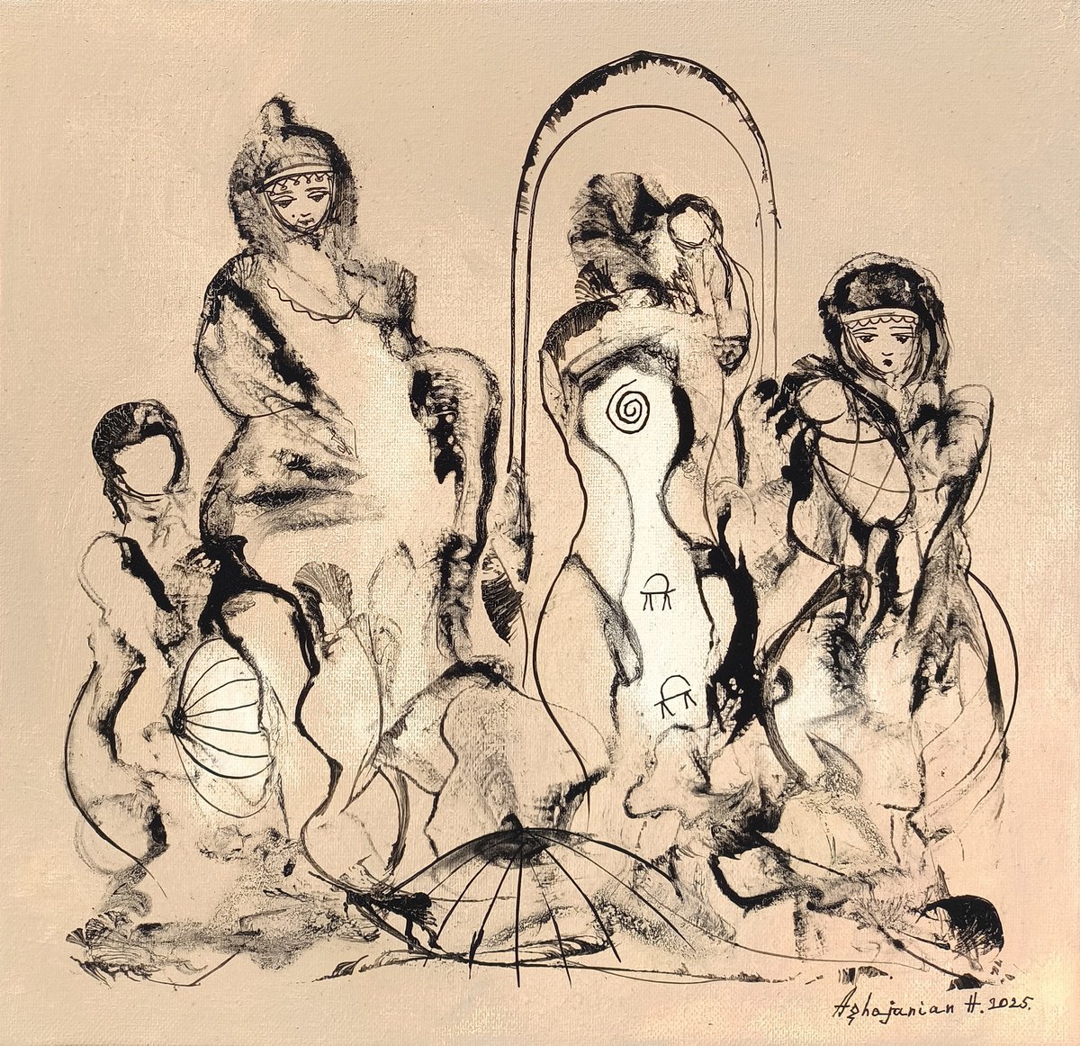 Abstract Portrait Oil Painting By Harutyun Aghajanyan, 16 X 16, Echoes Of The Feminine, Original Artwork