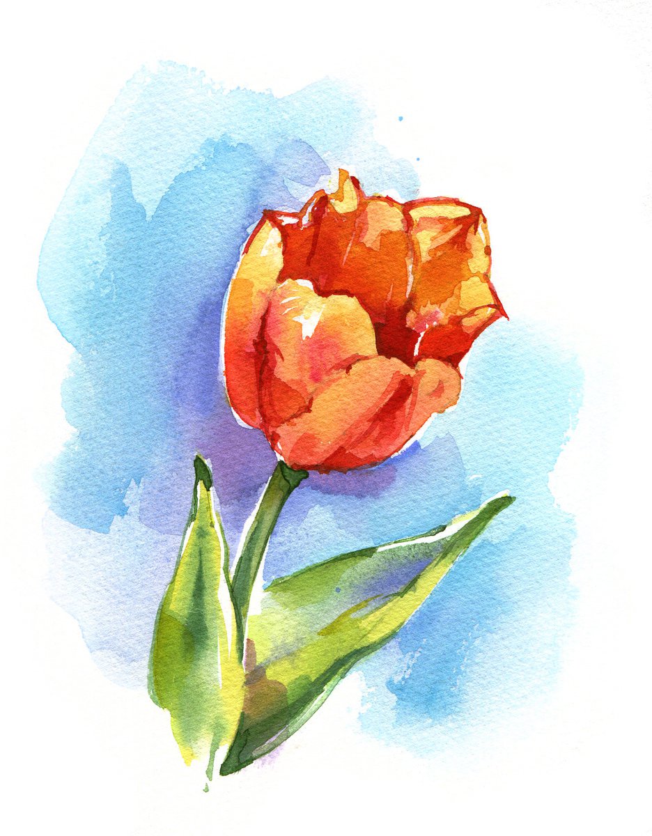 Bright orange tulip original watercolor painting by Ksenia Selianko