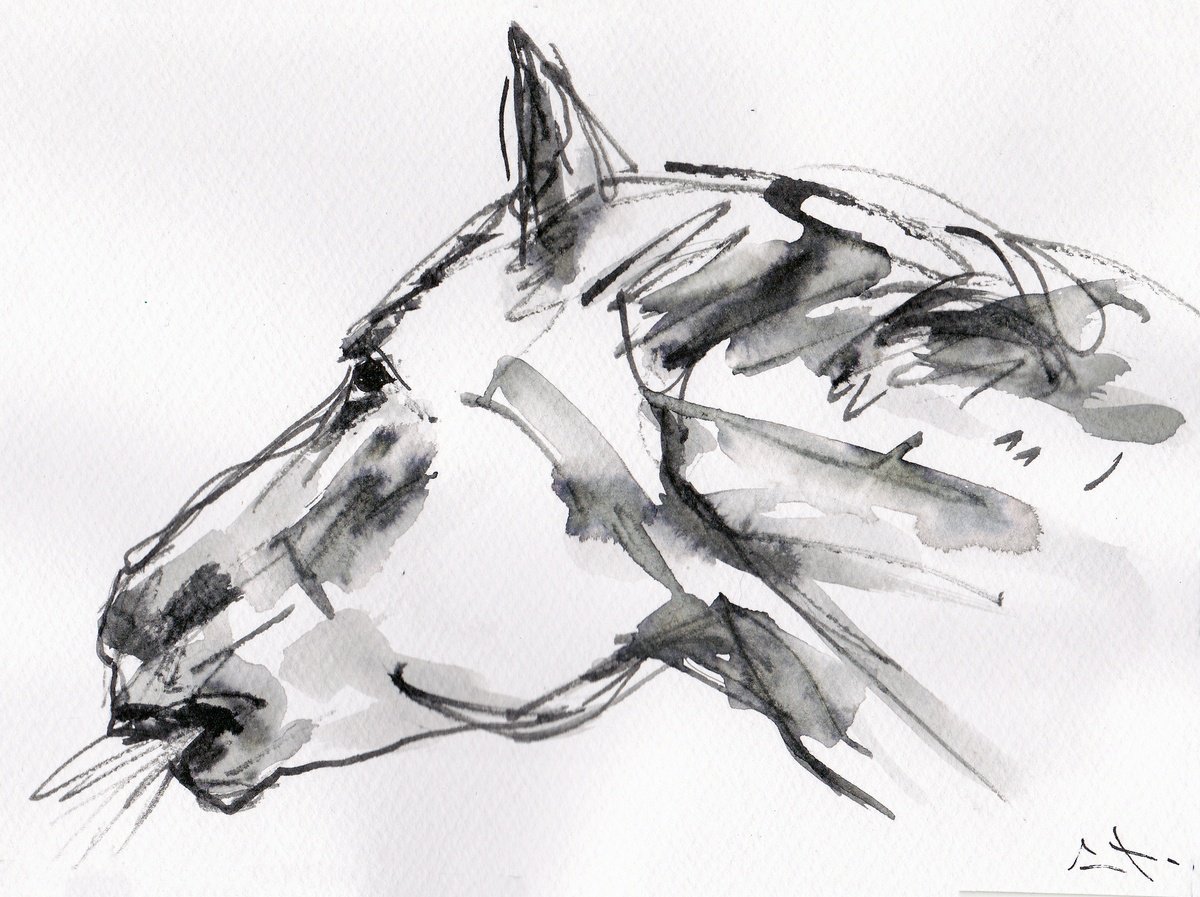 Expressive Animal Ink Drawing By Lionel Le Jeune, 8 X 6", Horse, Original Artwork