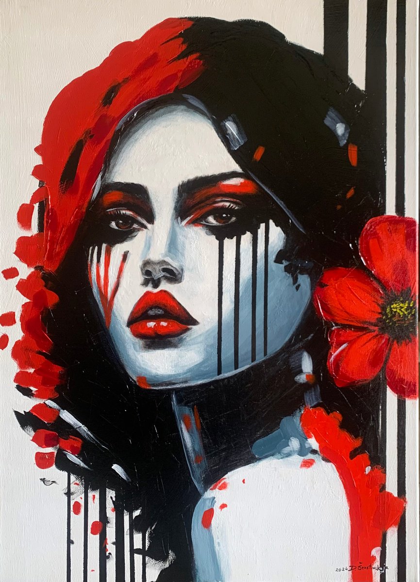 Expressive Portrait Acrylic Painting By Danguole Serstinskaja, 20 X 28, Mysterious Lady, Original Artwork