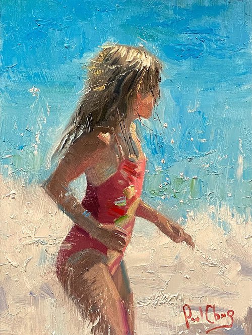 Red Swimsuit Beach Girl by Paul Cheng