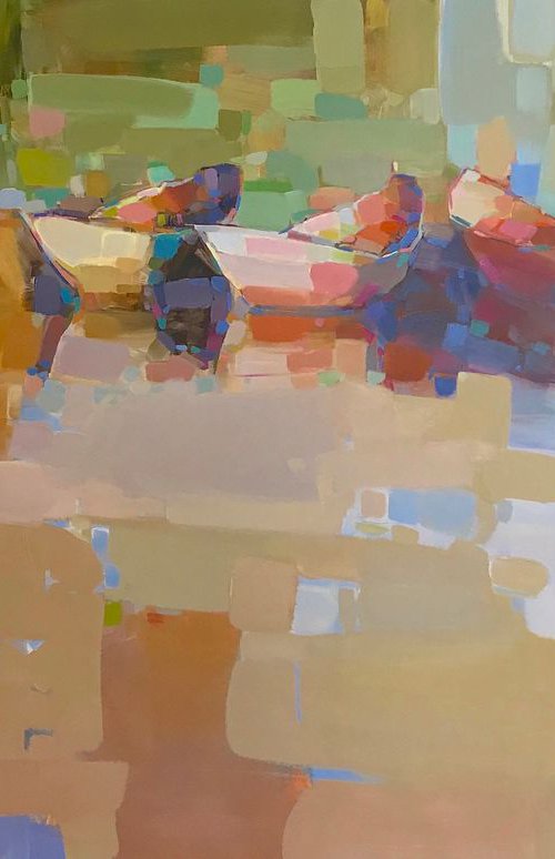 Rowboats, Original oil painting, Handmade artwork by Vahe Yeremyan