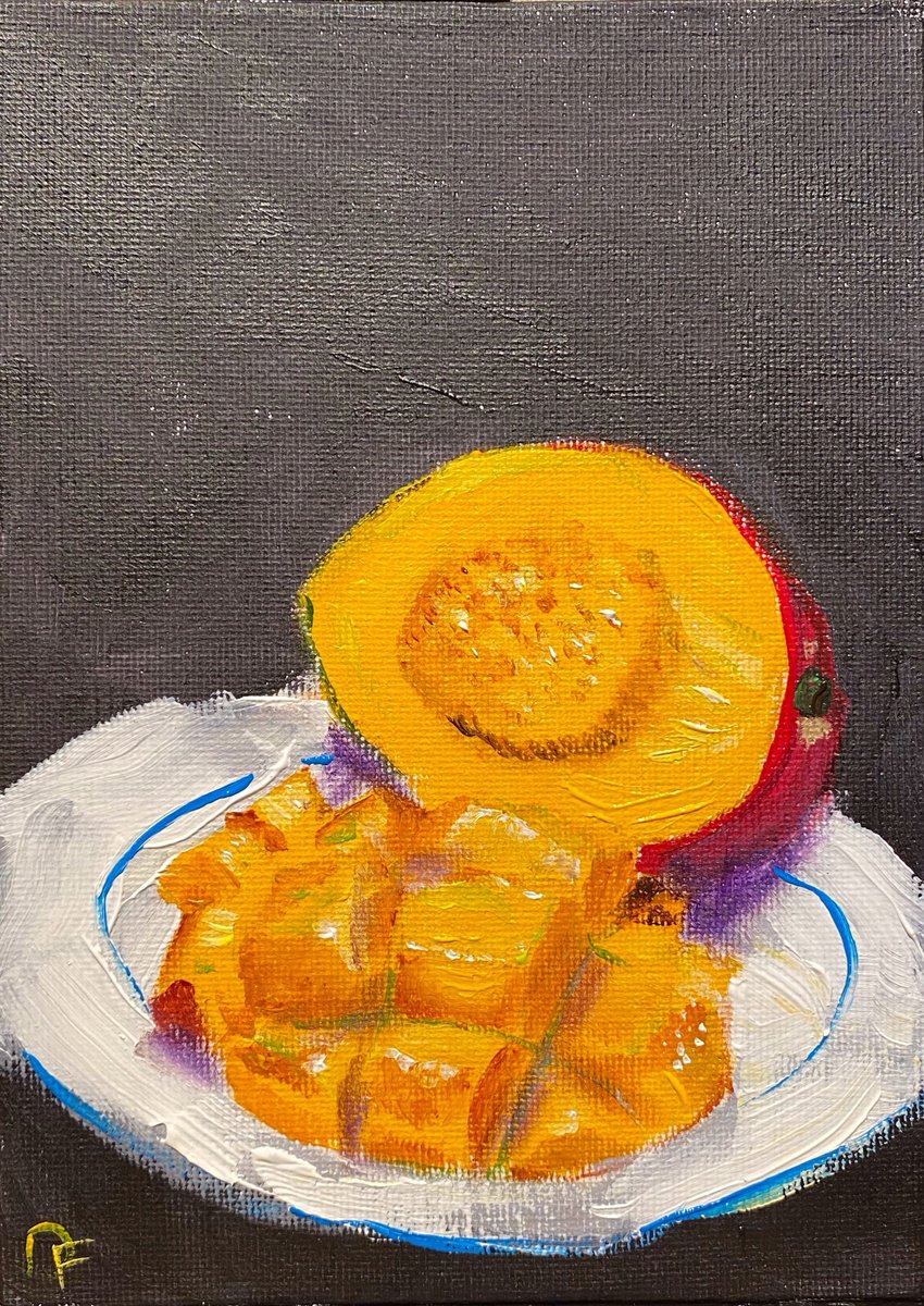 Impressionistic Still Life Acrylic Painting By Dmitry Fedorov, 5 X 7, Cut Mango, Original Artwork