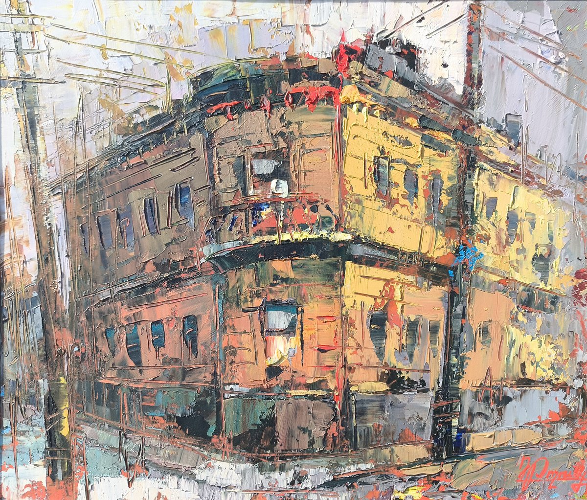 Impressionistic Cityscapes Oil Painting By Narek Qochunc, 12 X 10", Golden Corner, Original Artwork