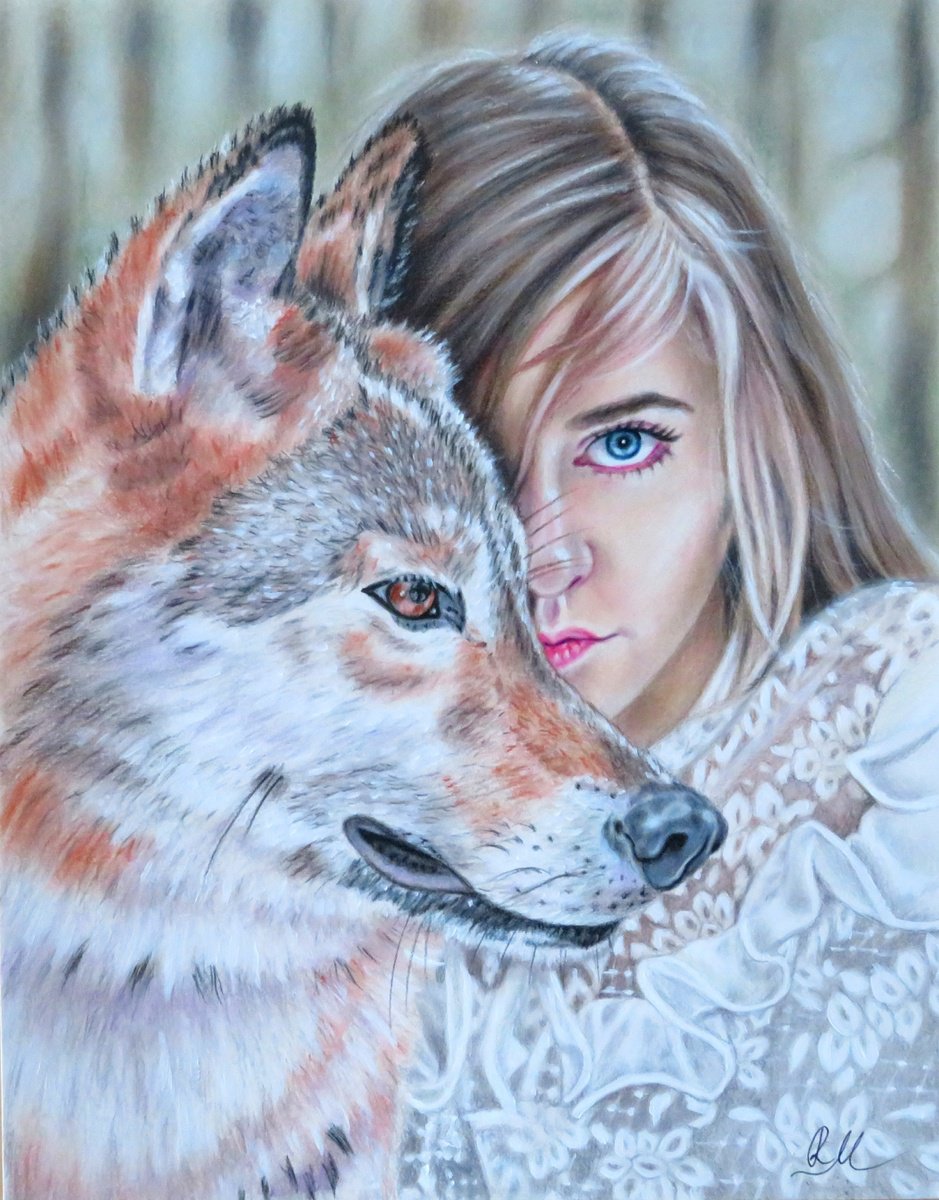 Photorealistic Pastel Drawing , Girl With Wolf By Monika Rembowska, 12 X 14, Artwork For Sale On Artfinder