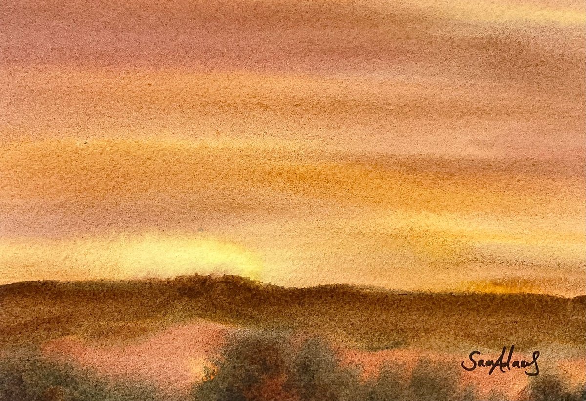 Expressive Landscape Watercolour By Samantha Adams, 9 X 6", Upwey Ridge Sunset, Dorset, Original Artwork