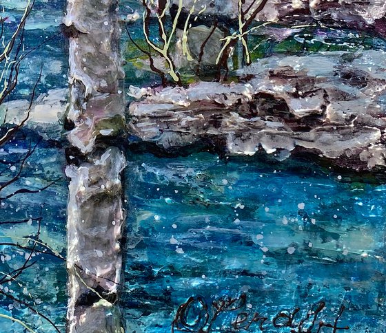 Winter Birch Trees -  Monochrome  in Blue Impasto Original Painting  (palette knife)