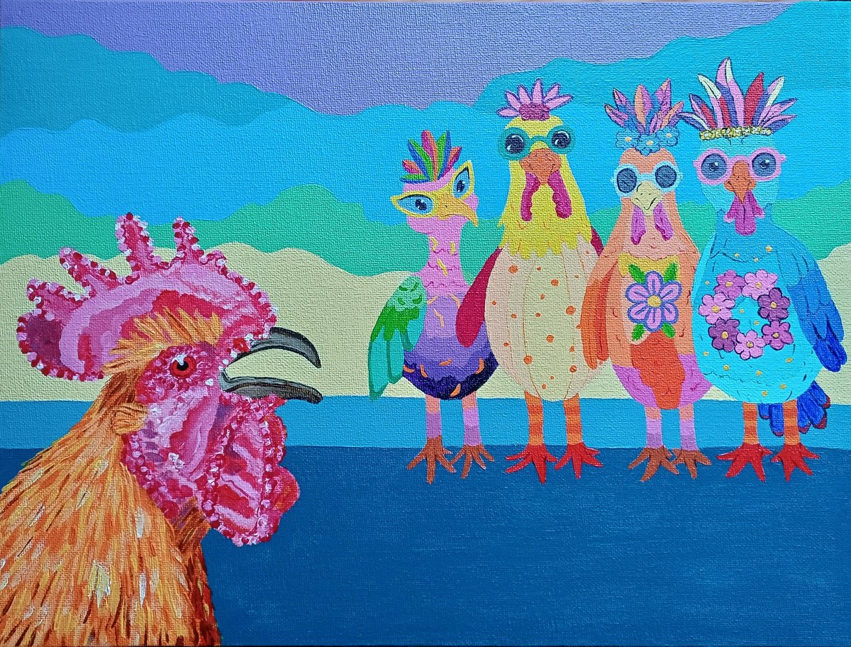 Naive Acrylic Painting , Hen Party By Corinne Hamer, 16 X 12, Artwork For Sale On Artfinder