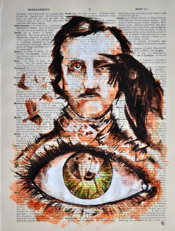 Edgar Allan Poe - Dark Eye - Collage Art on Large Real English Dictionary Vintage Book Page