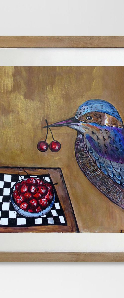 Bird with a cherry by Elizabeth Vlasova