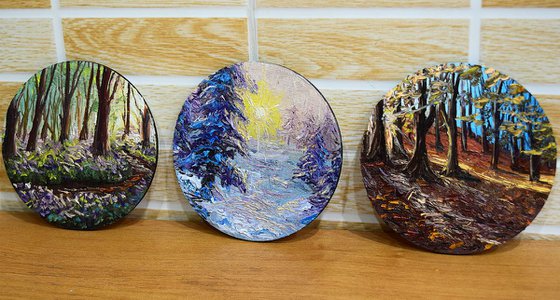 Spring + Autumn + Winter - Set of 3 oil paintings "Seasons" 10 cm round paintings(each)