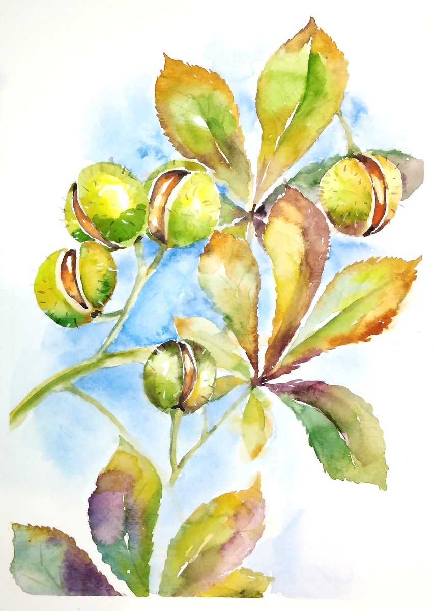 Chestnut leaves, branches, watercolor illustration by Tanya Amos
