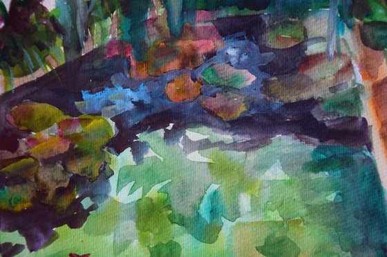 Floral watercolor painting Botanical garden with pond, Green plants
