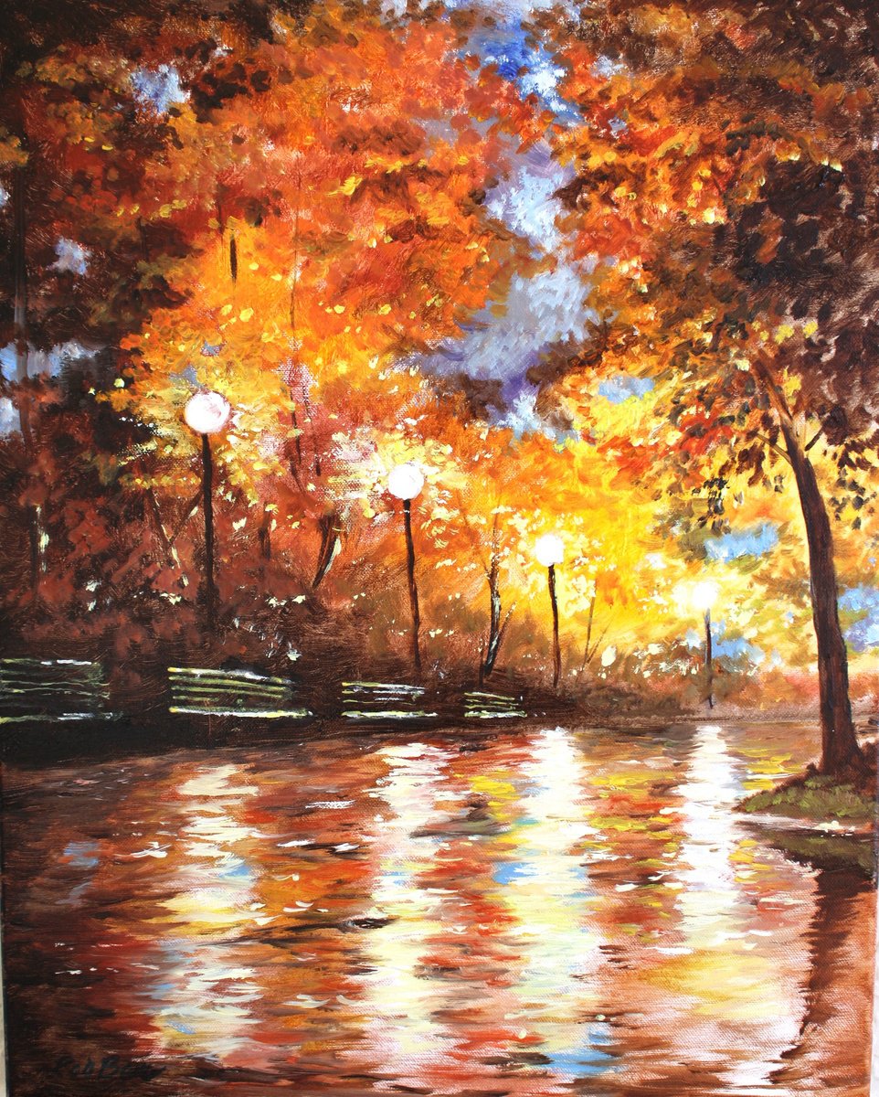 Impressionistic Landscape Oil Painting By Rod Bere, 16 X 20", Autumn Evening In The Park, Original Artwork