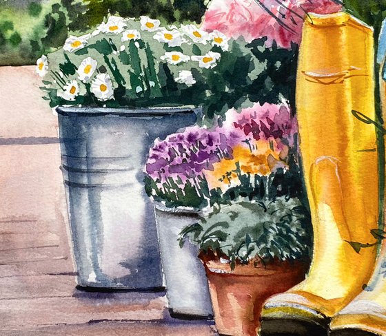 "Gardening Essentials"  original watercolor painting, home wall decor