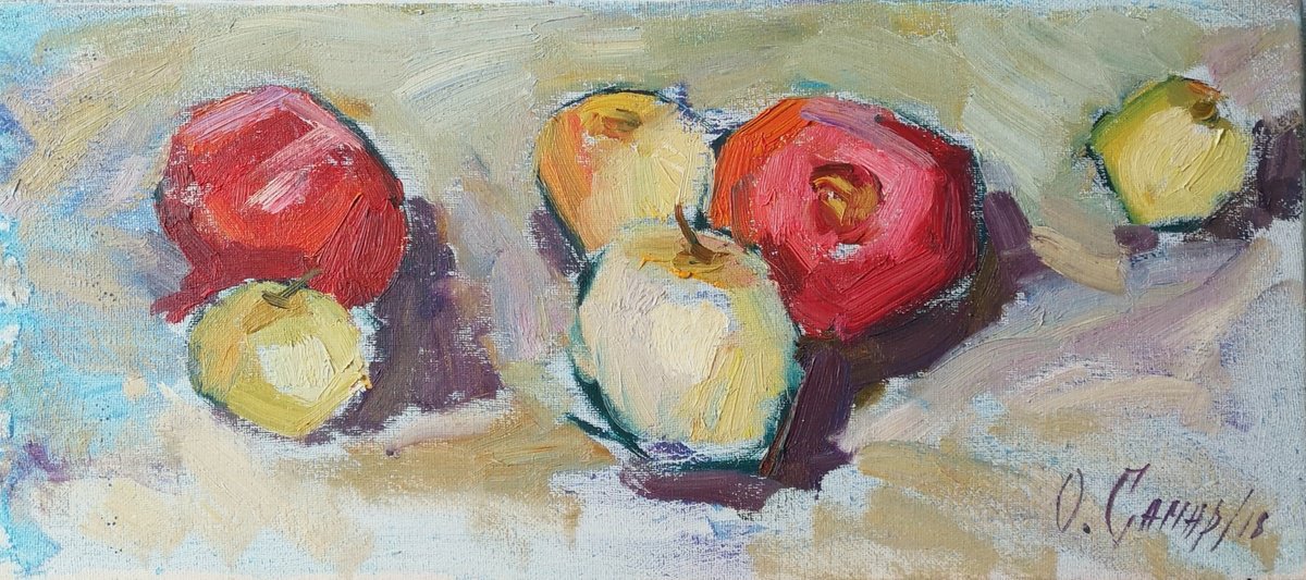 Impressionistic Still Life Oil Painting By Olga Samar, 18 X 8", Apples And Pomegranate, Original Artwork
