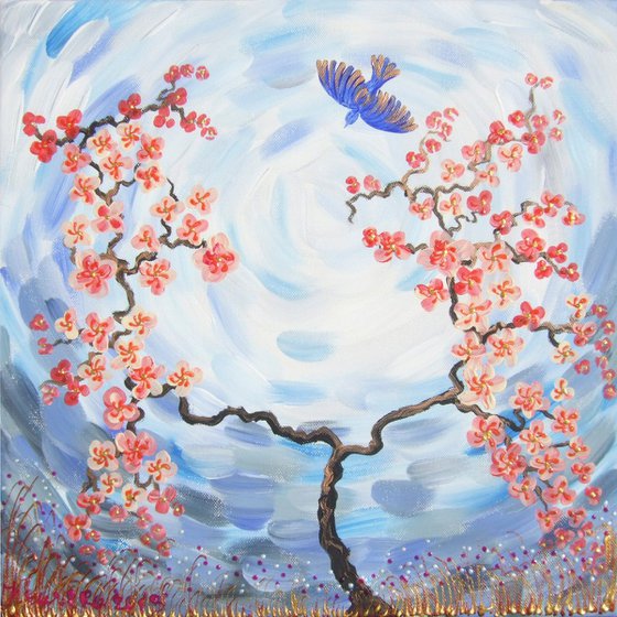 Cherry blossom tree floral painting blue sky B019 decor original art 40x40x2 cm acrylic on stretched canvas wall art